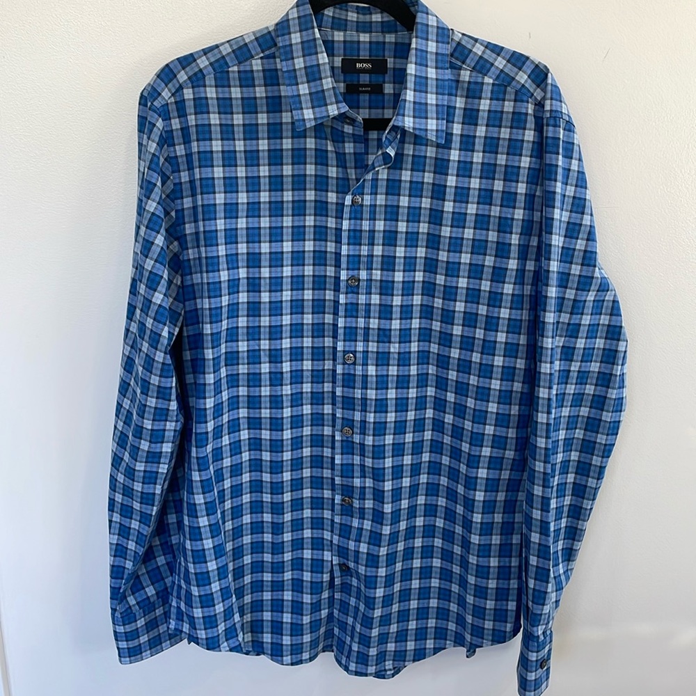 Hugo Boss blue white plaid button down long sleeve dress office preppy shirt